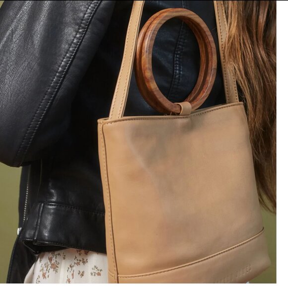 Payton James Mini Wood Italian Leather Bucket Tote -Cappucino - Picture 6 of 6